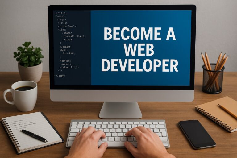 Person typing at a desk with a computer displaying the phrase Become a Web Developer beside visible code and workspace items.