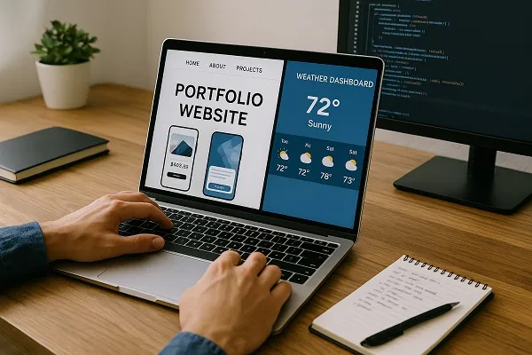 Developer working on a laptop displaying multiple web projects, with a larger monitor showing code in the background.