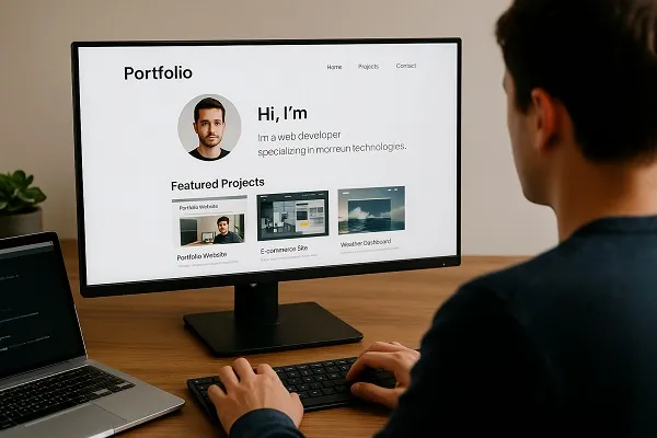 Person viewing their portfolio website on a desktop monitor while working at a desk.