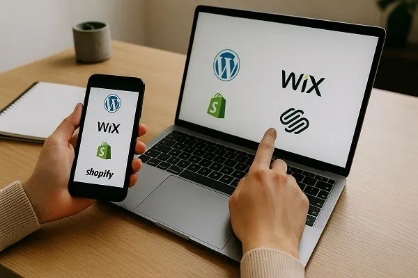 Person comparing website platforms on a laptop and smartphone showing WordPress, Wix, Shopify, and Squarespace logos.