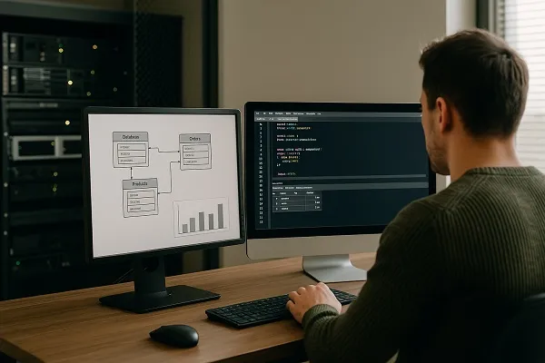 Developer at a desk working with SQL code on one monitor and a database schema diagram on another, with server racks in the background.