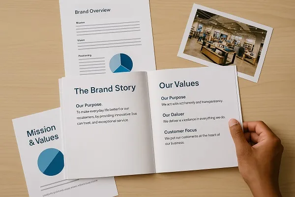 Hands holding an open brand story booklet on a desk with supporting brand materials and a photo of a store layout.