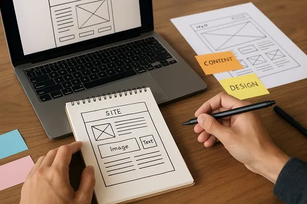 Person sketching a website wireframe in a notebook beside a laptop showing a digital site layout.