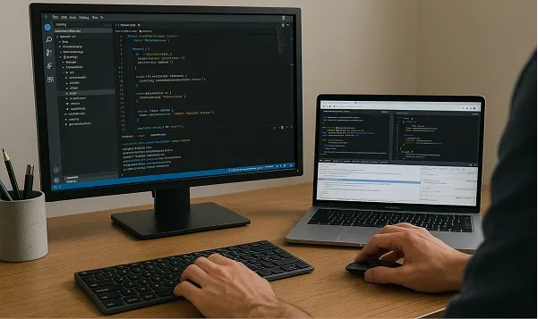 Developer using a monitor and laptop with code editors open while working with essential development tools.
