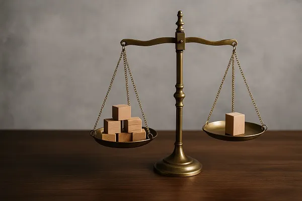 A brass balance scale on a wooden table with wooden blocks unevenly distributed on each side.