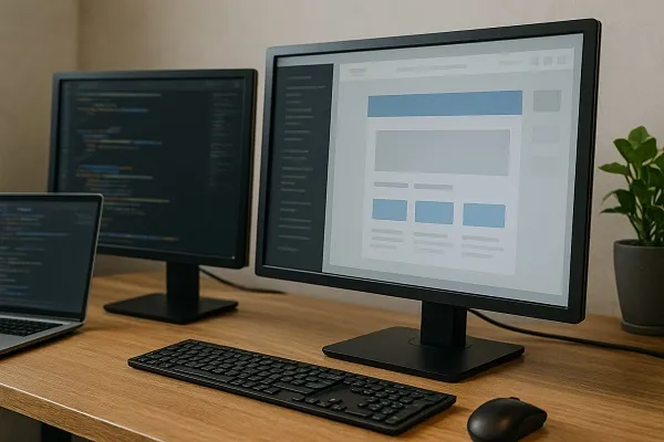 Developer workspace with monitors displaying a component based interface layout and blurred code on adjacent screens.