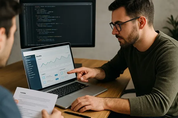 Developer collaborating with another person while reviewing progress on a laptop project dashboard.
