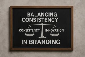 A chalkboard with the words “Balancing Consistency and Innovation in Branding” and a scale drawing symbolizing balance.