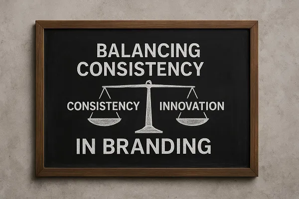 A chalkboard with the words “Balancing Consistency and Innovation in Branding” and a scale drawing symbolizing balance.