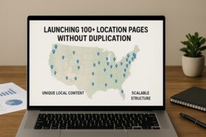 Laptop showing a map with multiple pinned locations referencing scalable location page creation.