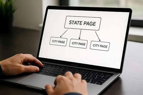 Hands working on a laptop showing a diagram with a state page linking down to multiple city pages.
