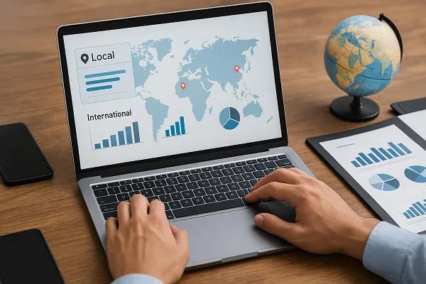 A person working on a laptop displaying global and local SERP analytics with charts, a world map, and a small globe on the desk.