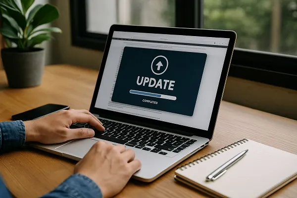 Person managing website updates on a laptop at a clean desk near a window.