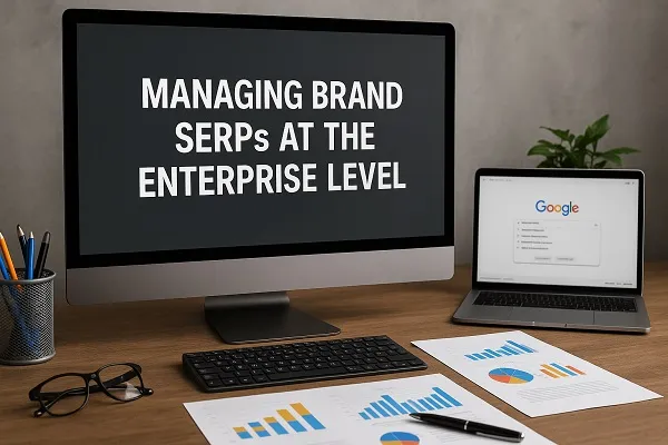 A professional workspace showing a computer screen labeled “Managing Brand SERPs at the Enterprise Level” beside analytics charts and a laptop displaying a Google search.