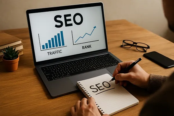 Person working on SEO strategy at desk with a laptop showing analytics and notes being written in a notebook.