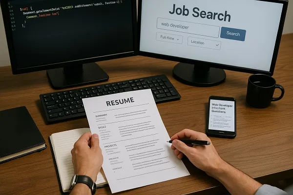 Person reviewing a resume at a desk with job listings on a monitor and interview prep materials nearby.