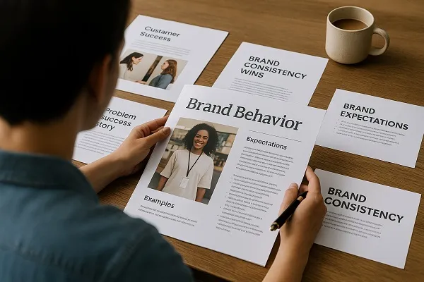 Person reviewing printed behavior guidelines and example scenarios at a desk with notes and reference materials.