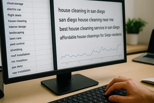 Person analyzing localized keyword data on a dual-screen computer showing search terms and trend analytics.