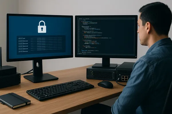 Developer reviewing security logs and code on dual monitors with network security hardware on the desk.