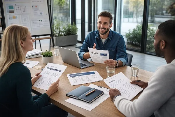 Manager speaking with an employee during a one-on-one meeting while reviewing printed onboarding materials.