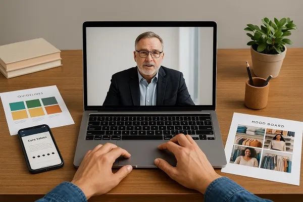 Person seated at a desk viewing a training video on a laptop while interacting with additional learning materials and headphones nearby.