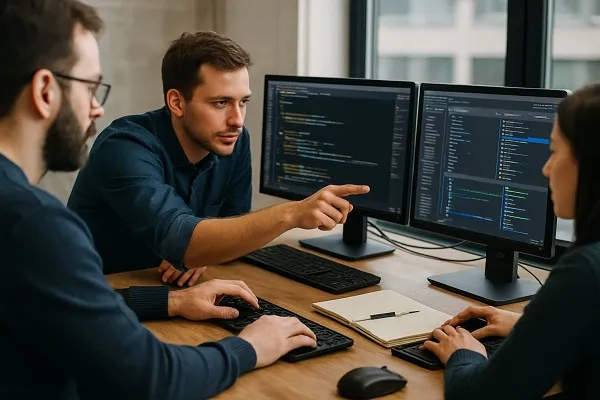 Developers collaborating at a shared desk while reviewing code and version control activity on multiple monitors.