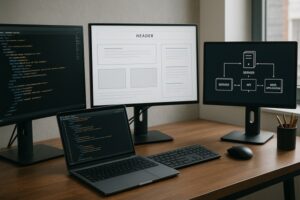Developer workspace with multiple monitors displaying code, UI layouts and system architecture diagrams.
