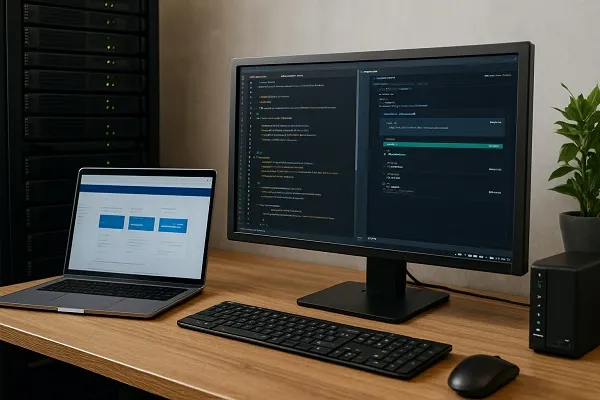 Desk with a laptop, monitor showing deployment tools, and server hardware in the background.