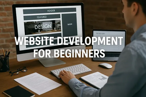 Person working on a computer designing a website layout at a modern desk setup.