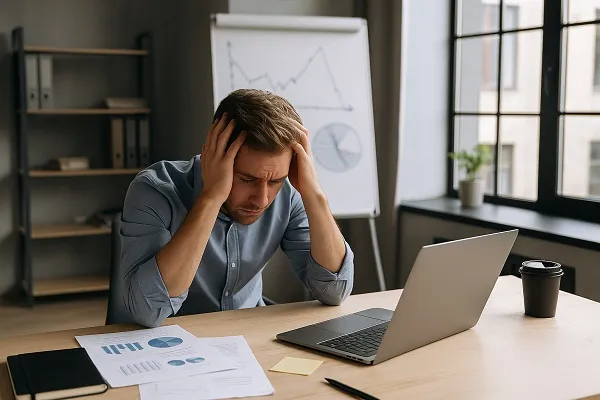A man sitting at a desk holding his head in frustration surrounded by scattered papers and a laptop.