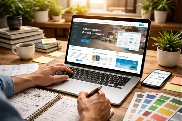 Person building a website on a laptop with responsive layout, navigation elements, and design planning materials on a desk