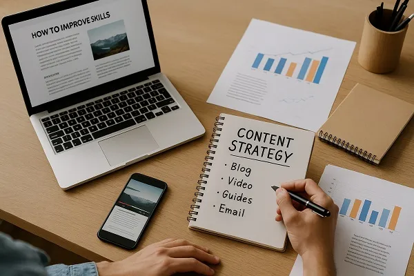 Hands planning content at a desk with a laptop, charts, a phone, and a notebook used for outlining strategy.
