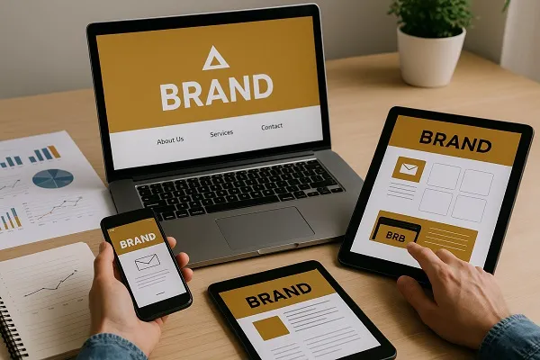 Hands interacting with multiple devices on a desk, each showing the same brand design across a laptop, tablet, and phone.