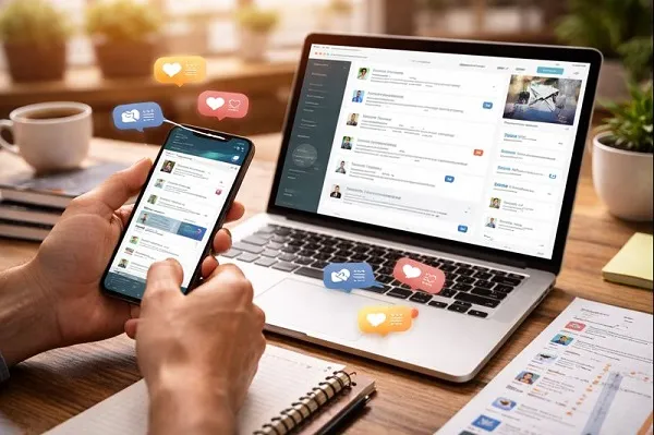 Person responding to messages and comments on a laptop and smartphone to engage with an online audience