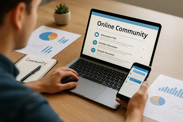 Person using a laptop and phone to engage in an online community with charts and notes on the desk.