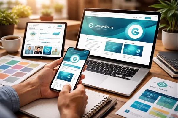 Person managing consistent branding across laptop, tablet, and smartphone with matching website and social media layouts