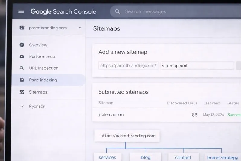 Google Search Console sitemaps section showing submitted sitemap and site structure for parrotbranding.com