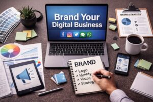 Workspace with a laptop displaying branding text, surrounded by notes, charts, a notebook labeled brand, and digital marketing tools.