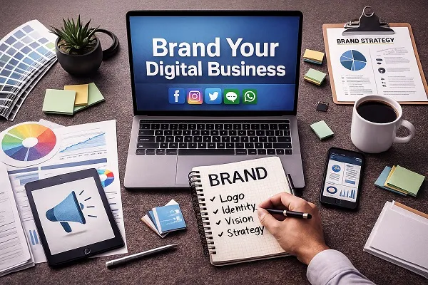 Workspace with a laptop displaying branding text, surrounded by notes, charts, a notebook labeled brand, and digital marketing tools.