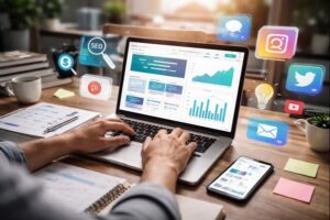 Person working on a laptop with website analytics, SEO elements, and social media icons representing how to build an online presence from zero.