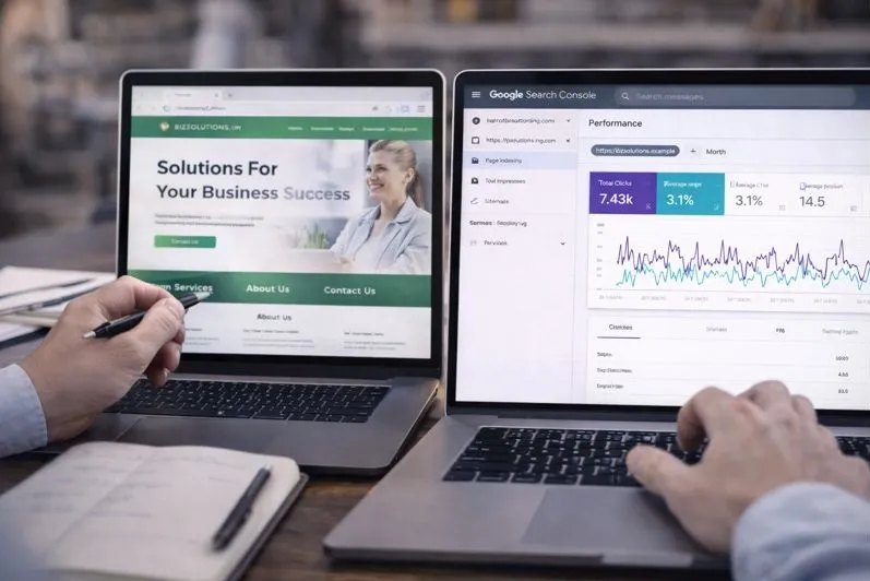 Website redesign alongside Google Search Console performance data during site changes for SEO tracking
