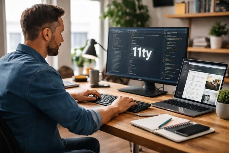 Web developer building a static website with Eleventy on a modern workspace computer setup