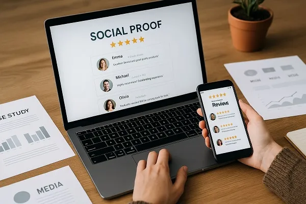 Hands planning content at a desk with a laptop, charts, a phone, and a notebook used for outlining strategy.