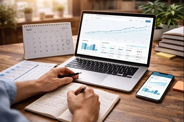 Person tracking steady online growth with analytics on a laptop, notes in a notebook, and a content calendar on a desk