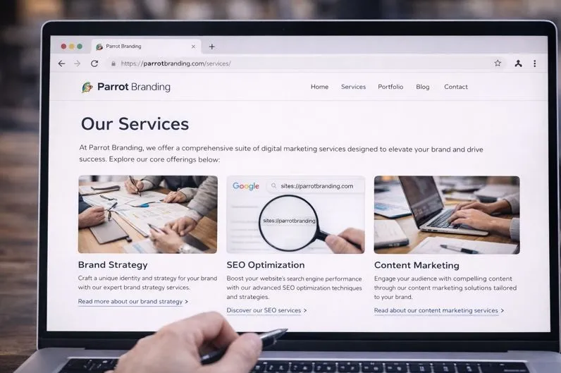Parrot Branding services page showing internal links between brand strategy and SEO service pages