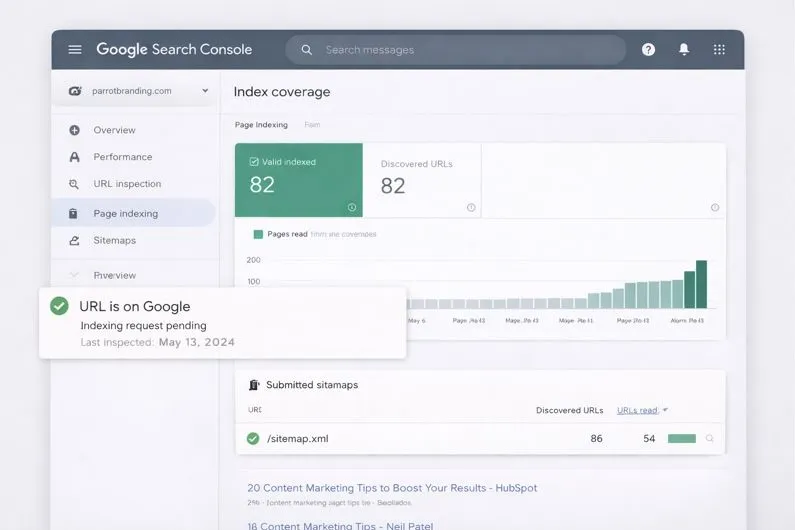 Google Search Console indexing dashboard showing newly indexed pages for parrotbranding.com