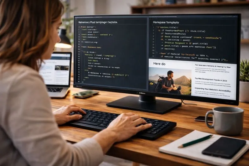 Developer editing Eleventy templates with live rendering control in a static website workflow