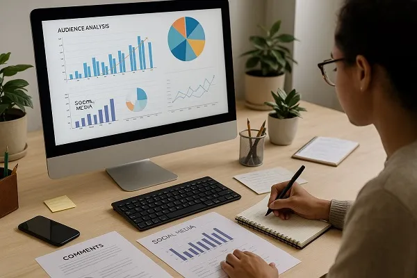 Person analyzing audience data at a desk with charts and graphs on a computer screen.