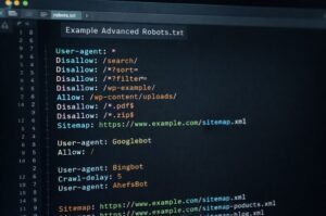 Advanced robots.txt configuration example showing crawl directives, bot specific rules, and sitemap references for SEO optimization