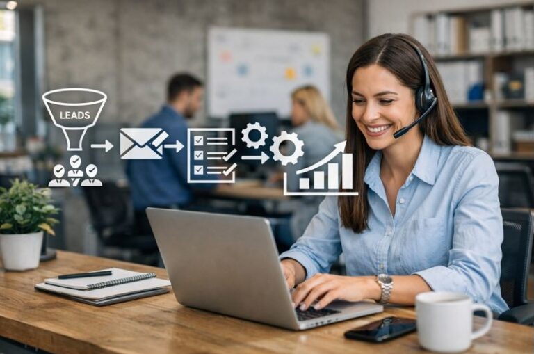 CRM automation rules reducing manual work as a business professional manages leads, workflows, and data inside a CRM system.